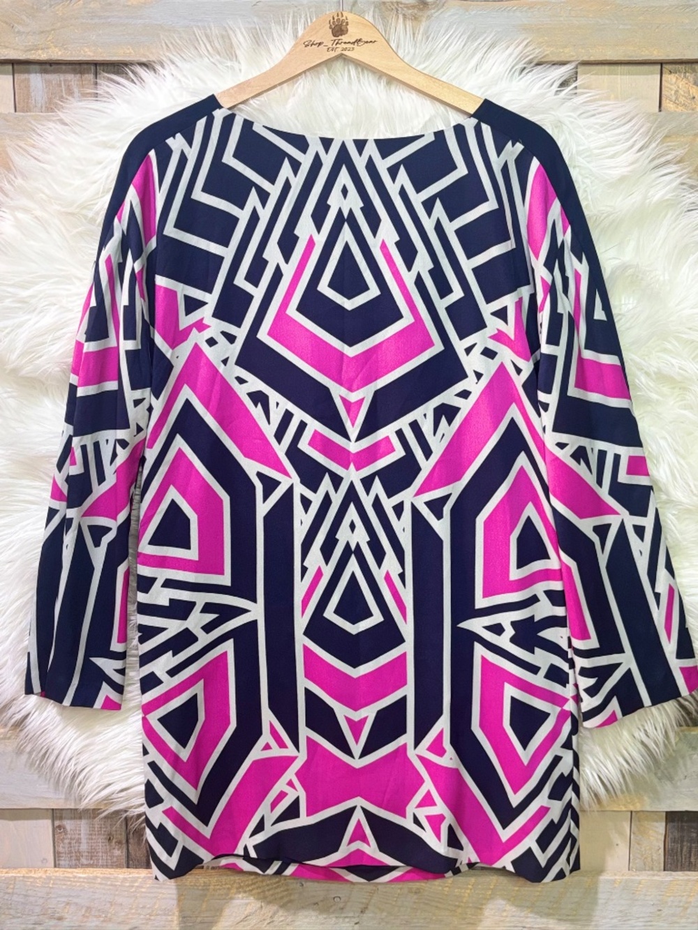 EUC [Juicy Couture] Navy Blue Pink Art Deco Bell Sleeve Mini Shift Dress | Small